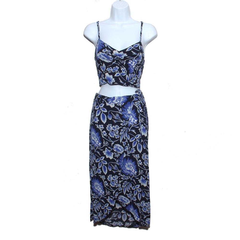 Aeropostale Blue Floral 2 Piece Set Crop Top & Faux Wrap Midi Skirt Size S